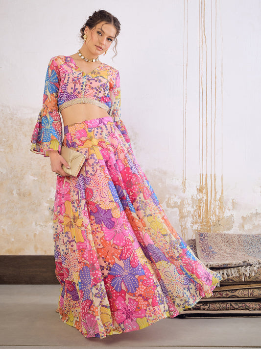 Pink Floral Frill Sleeves Crop Top With Anarkali Skirt -Shae by SASSAFRAS