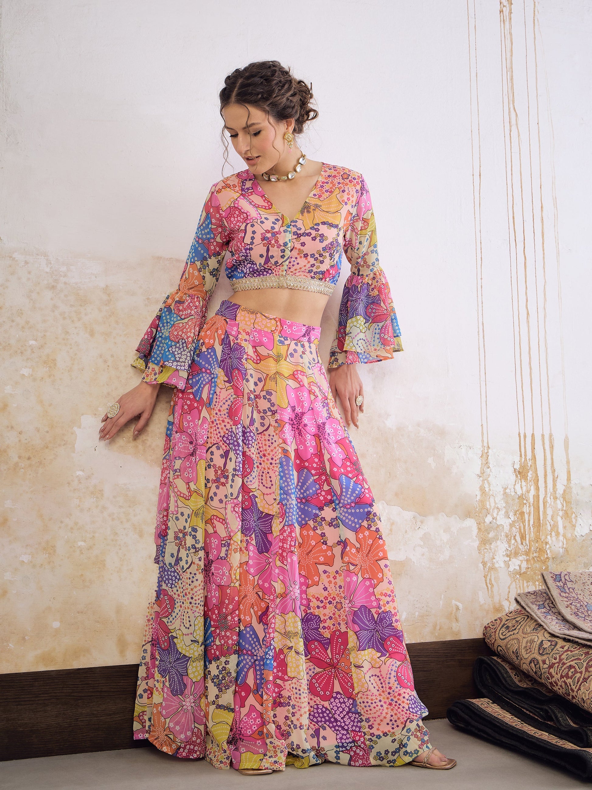 Pink Floral Frill Sleeves Crop Top With Anarkali Skirt -Shae by SASSAFRAS