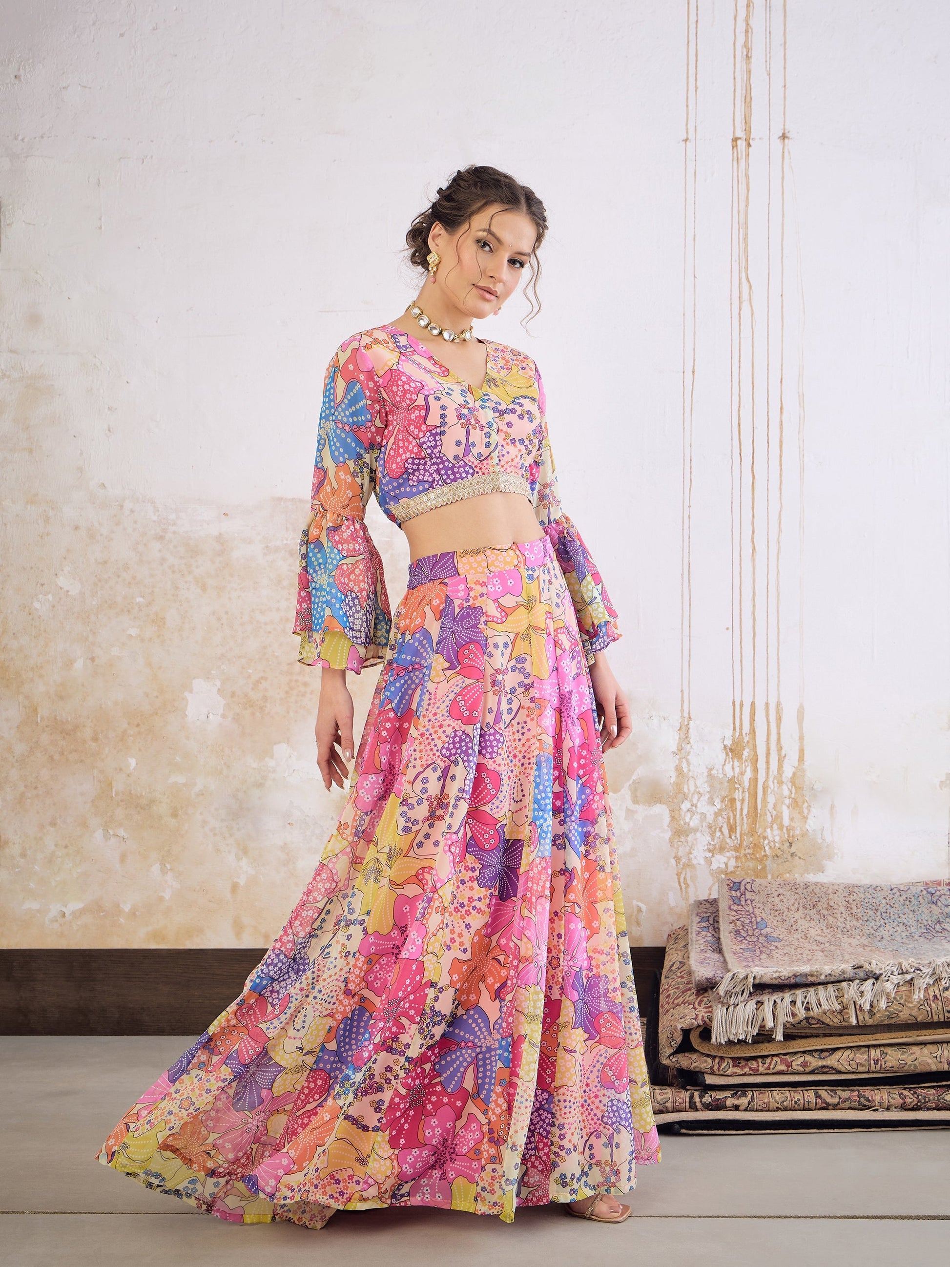 Pink Floral Frill Sleeves Crop Top With Anarkali Skirt -Shae by SASSAFRAS