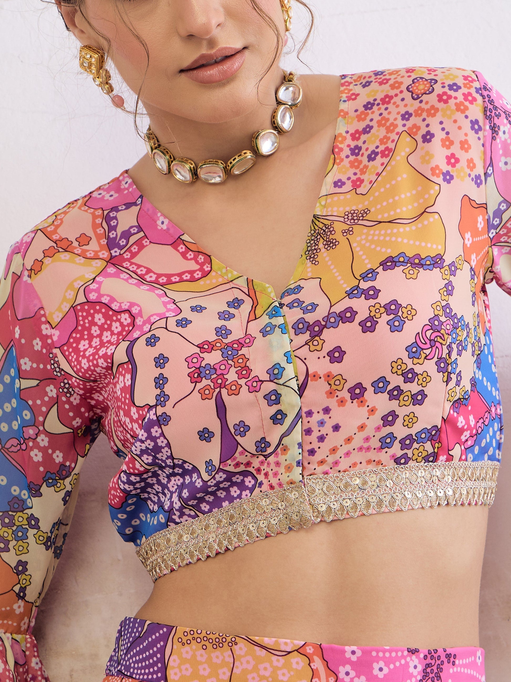 Pink Floral Frill Sleeves Crop Top With Anarkali Skirt -Shae by SASSAFRAS