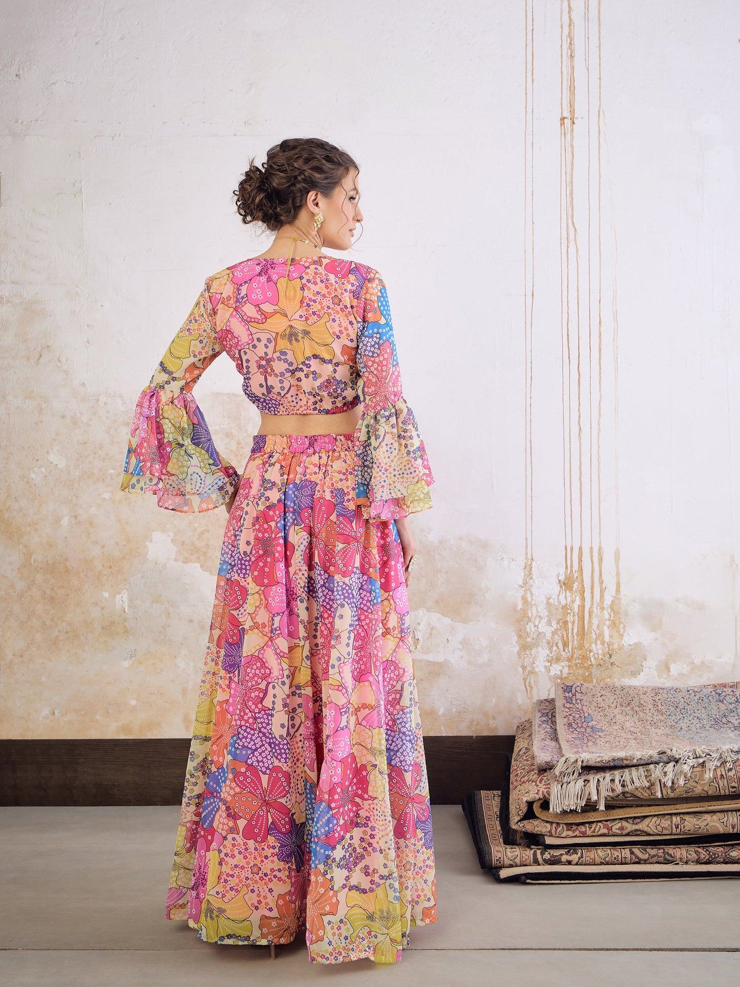 Pink Floral Frill Sleeves Crop Top With Anarkali Skirt -Shae by SASSAFRAS