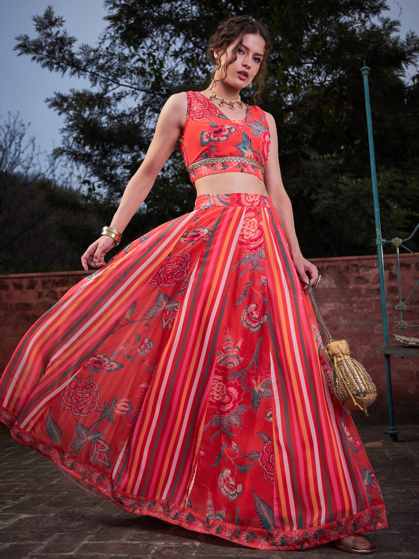 Red Floral Sleeveless Crop Top With Anarkali Skirt -Shae by SASSAFRAS
