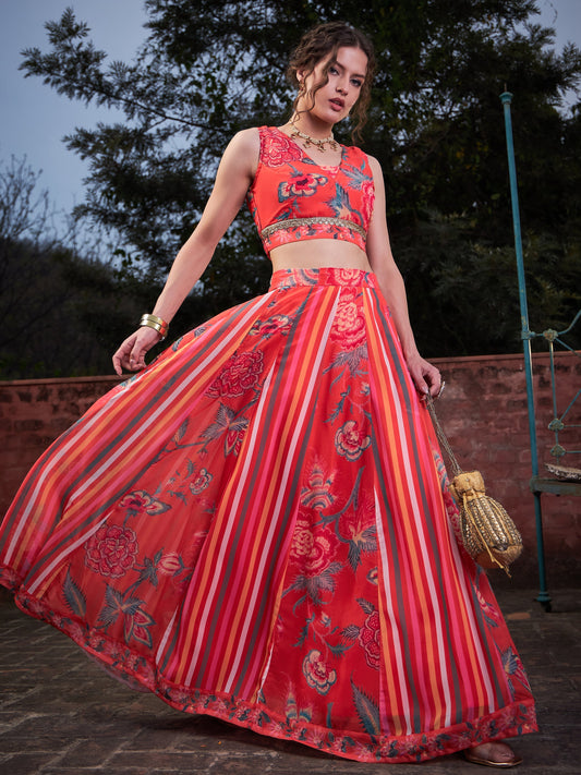 Red Floral Sleeveless Crop Top With Anarkali Skirt -Shae by SASSAFRAS