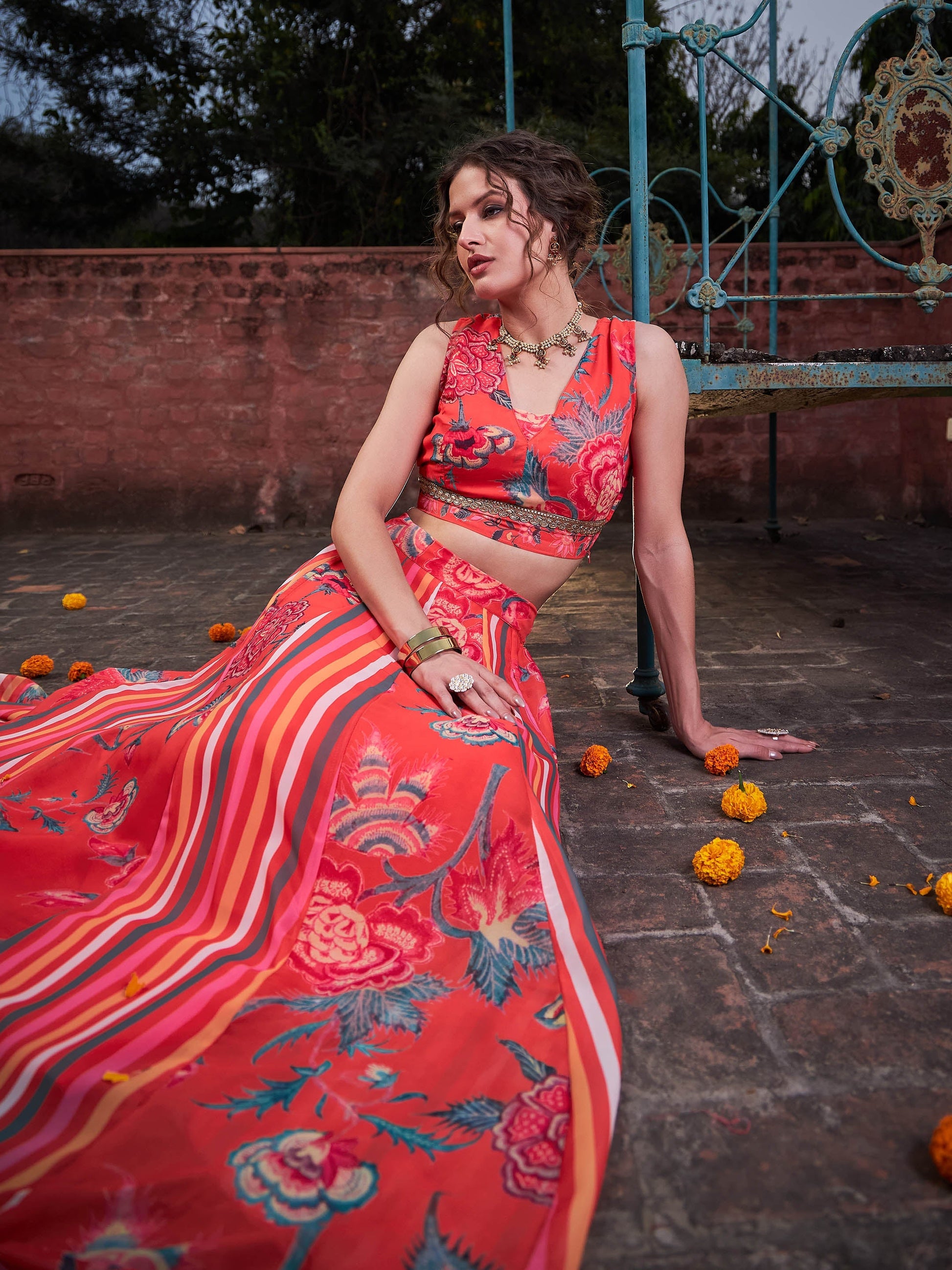 Red Floral Sleeveless Crop Top With Anarkali Skirt -Shae by SASSAFRAS