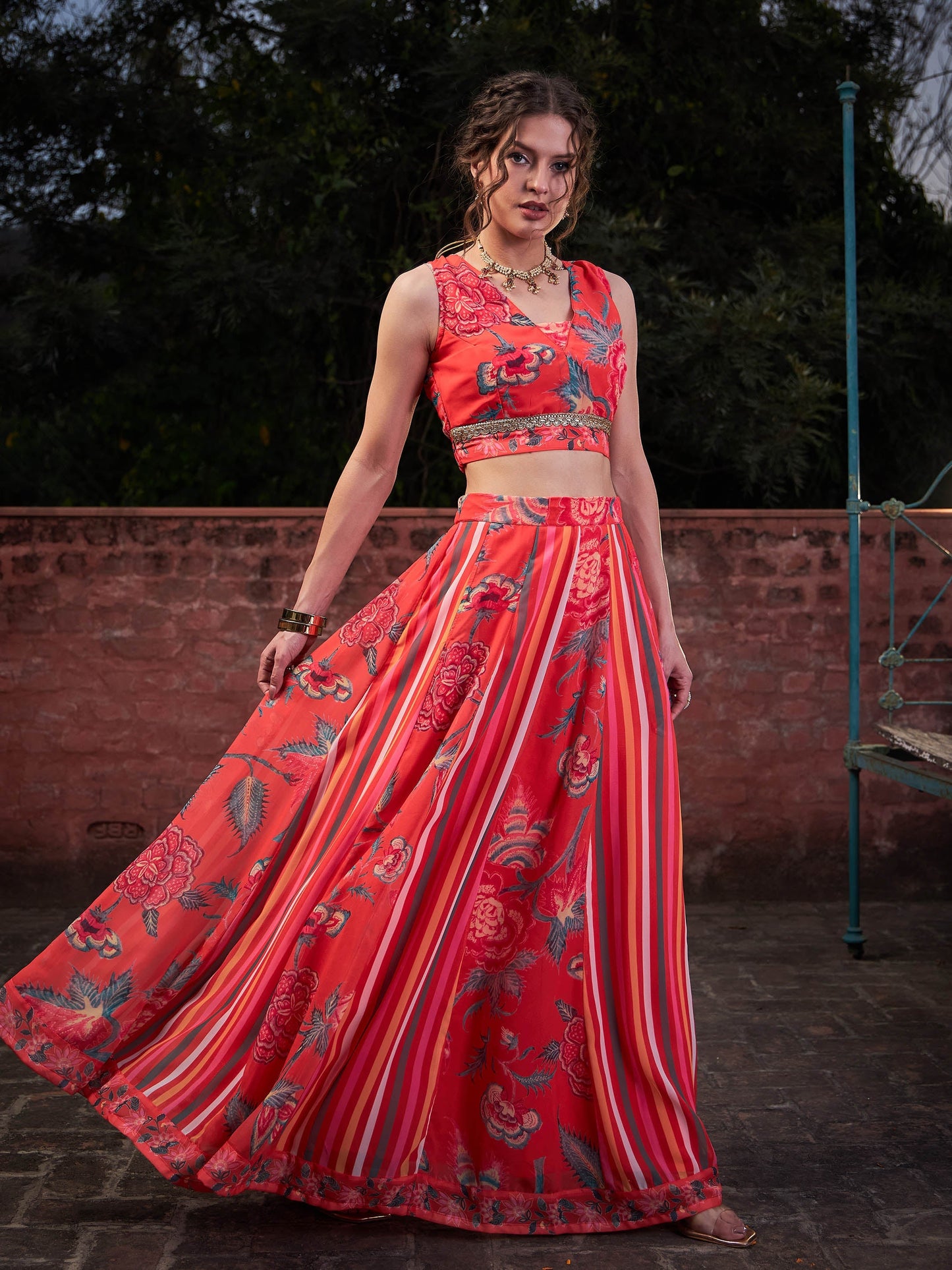 Red Floral Sleeveless Crop Top With Anarkali Skirt -Shae by SASSAFRAS