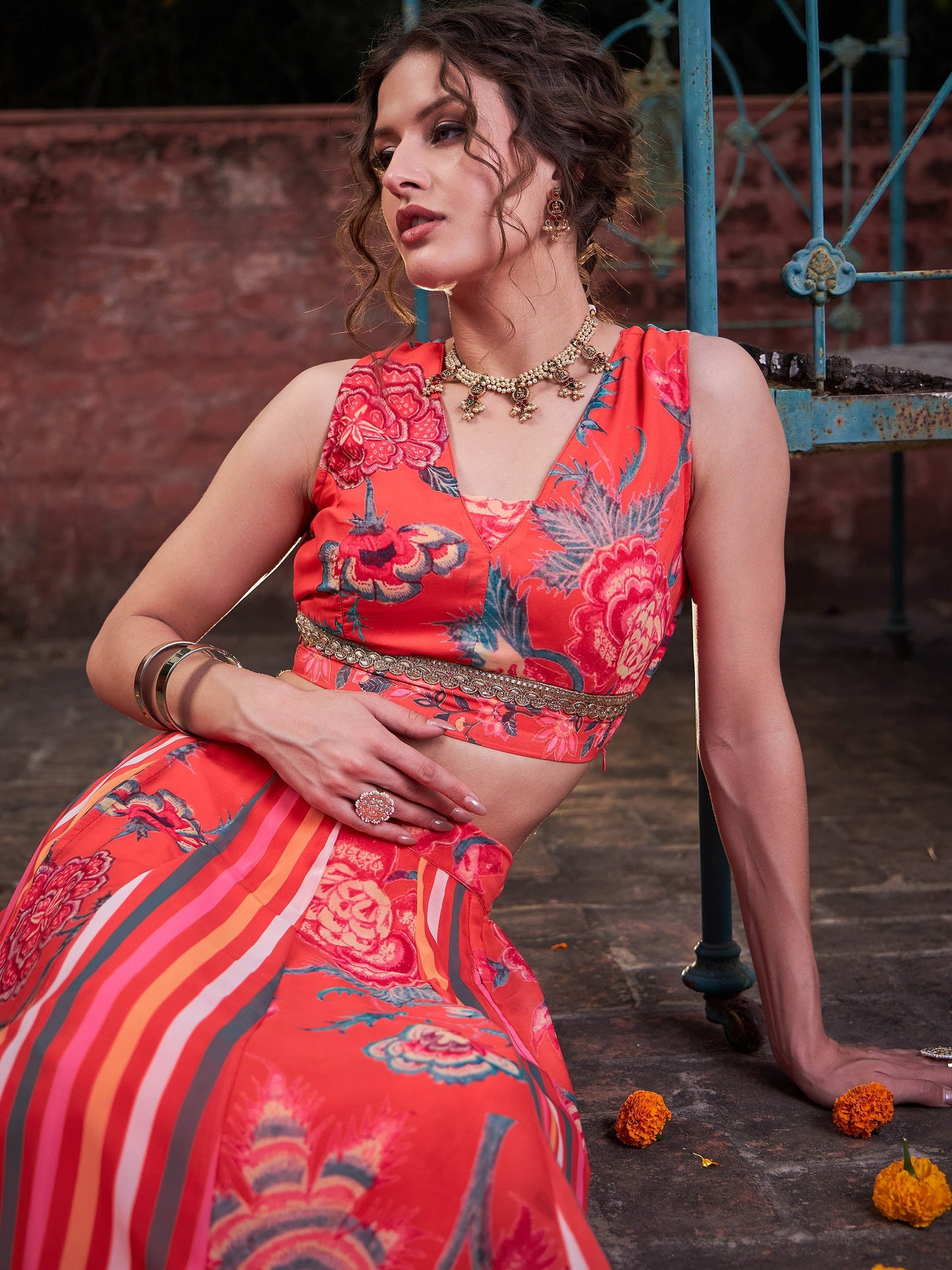 Red Floral Sleeveless Crop Top With Anarkali Skirt -Shae by SASSAFRAS
