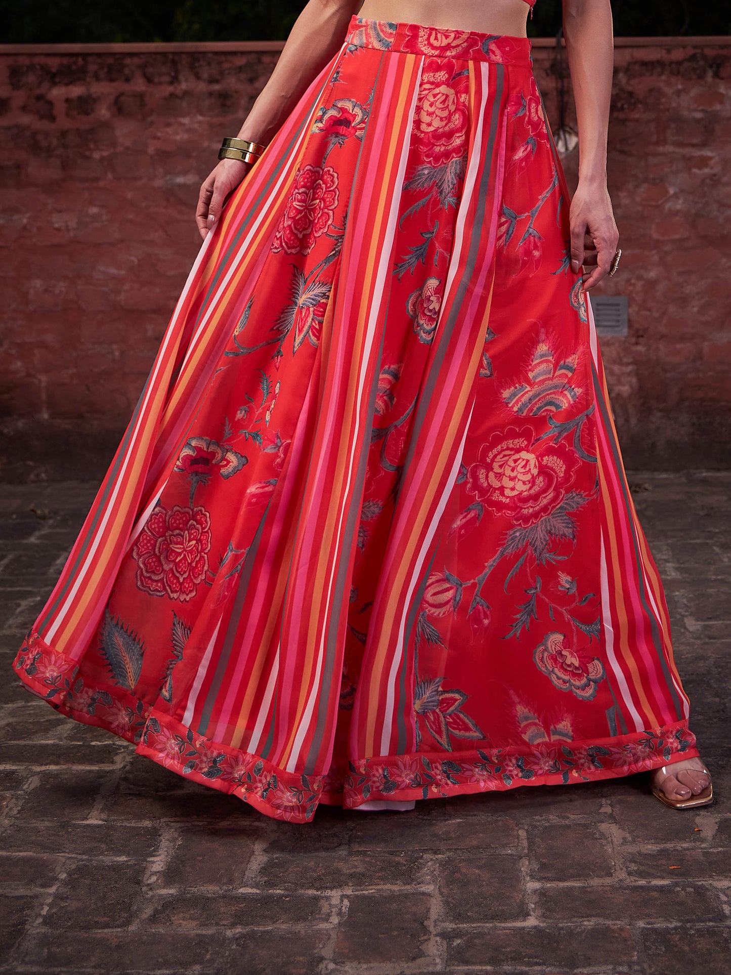 Red Floral Sleeveless Crop Top With Anarkali Skirt -Shae by SASSAFRAS
