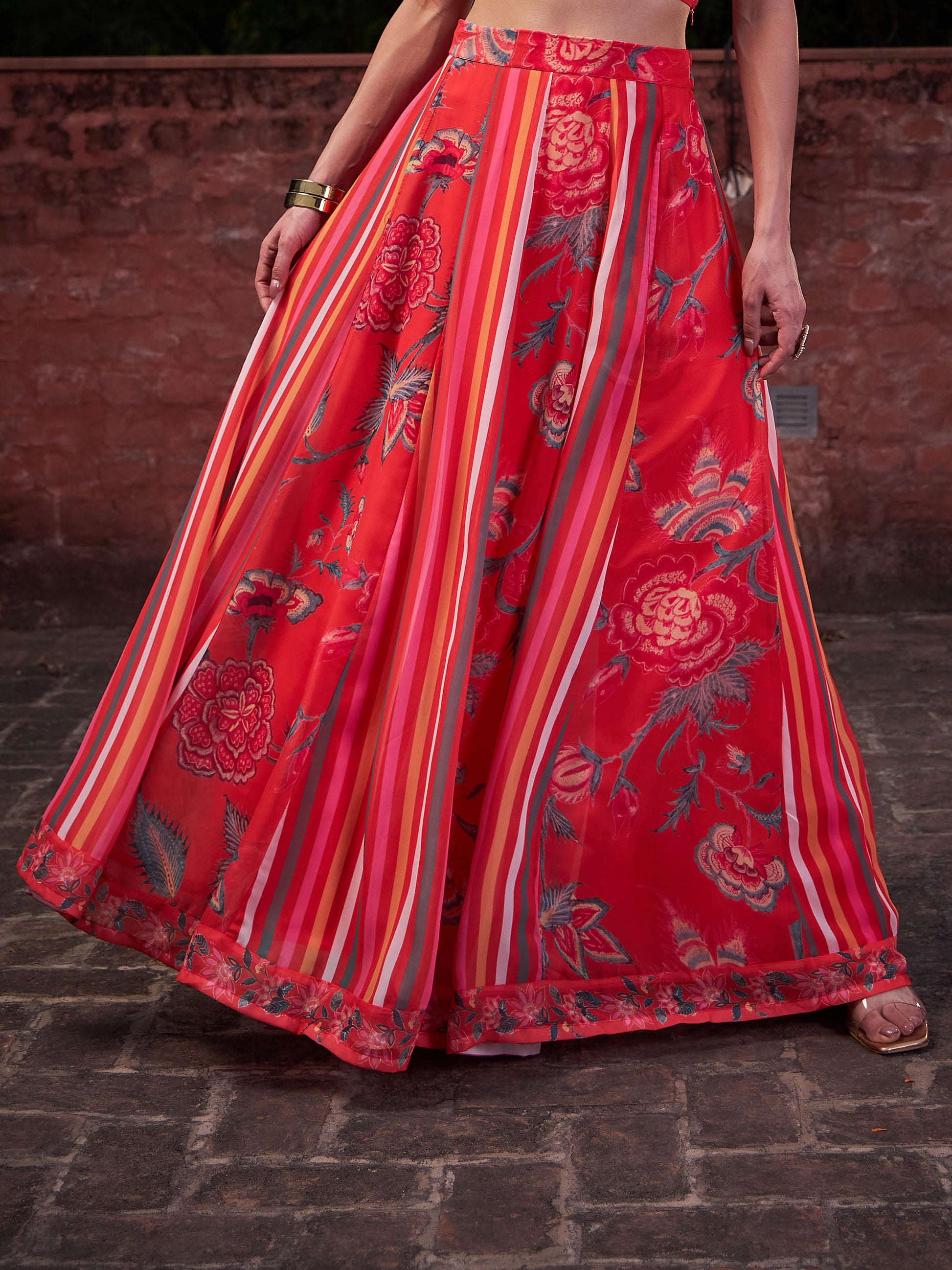 Red Floral Sleeveless Crop Top With Anarkali Skirt -Shae by SASSAFRAS