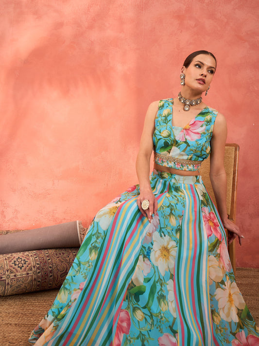 Aqua Blue Floral Sleeveless Crop Top With Anarkali Skirt -Shae by SASSAFRAS