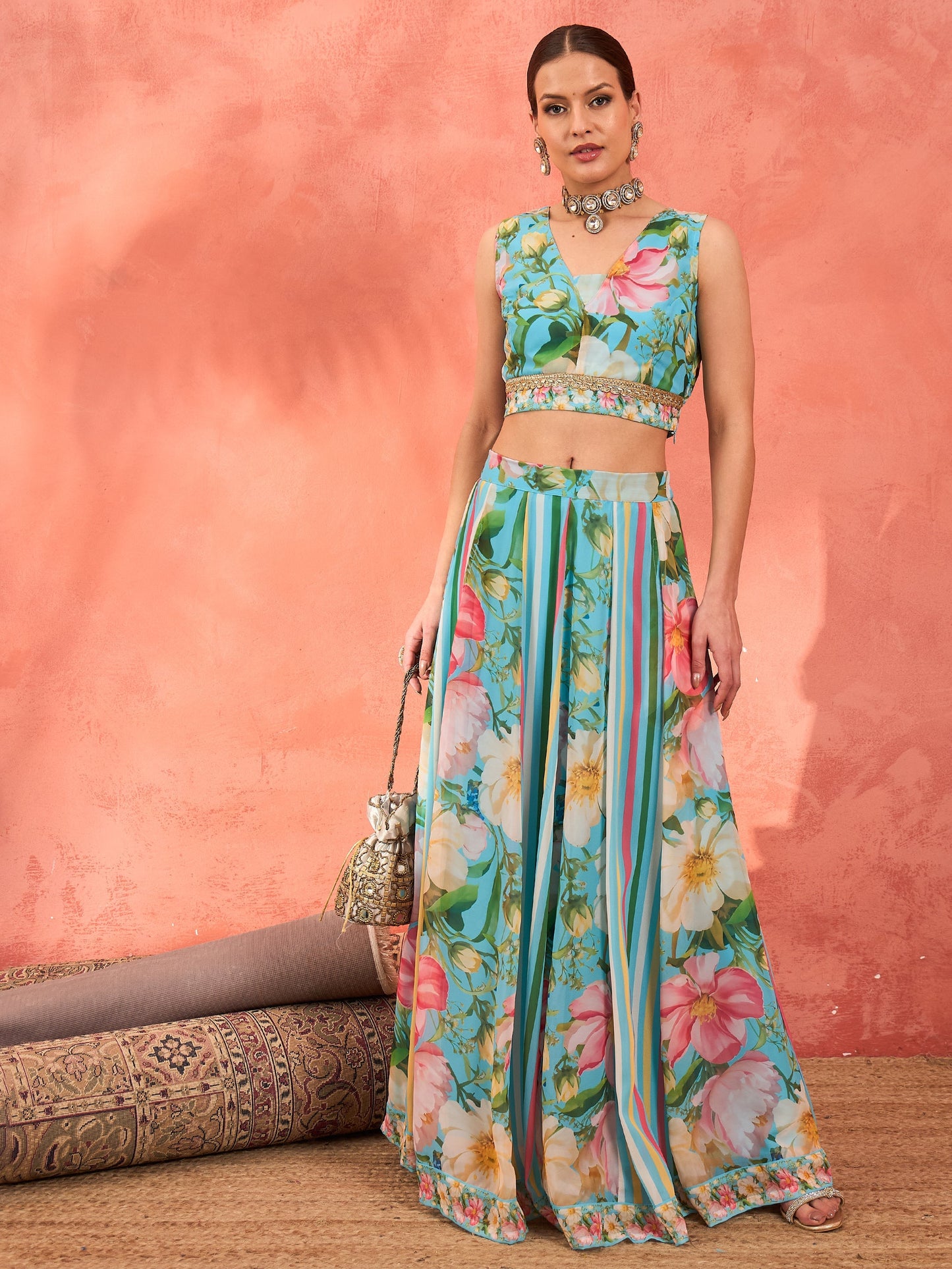 Aqua Blue Floral Sleeveless Crop Top With Anarkali Skirt -Shae by SASSAFRAS