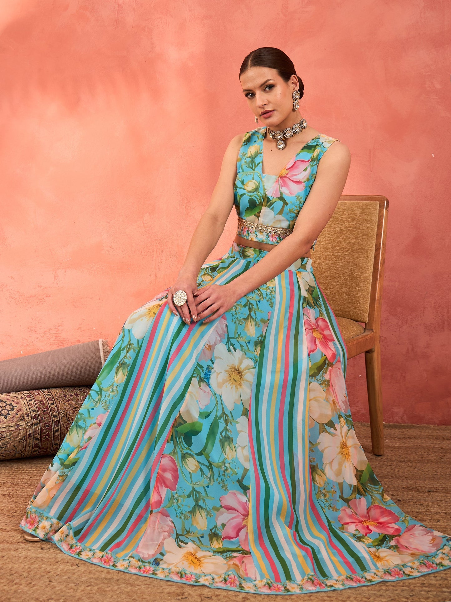 Aqua Blue Floral Sleeveless Crop Top With Anarkali Skirt -Shae by SASSAFRAS