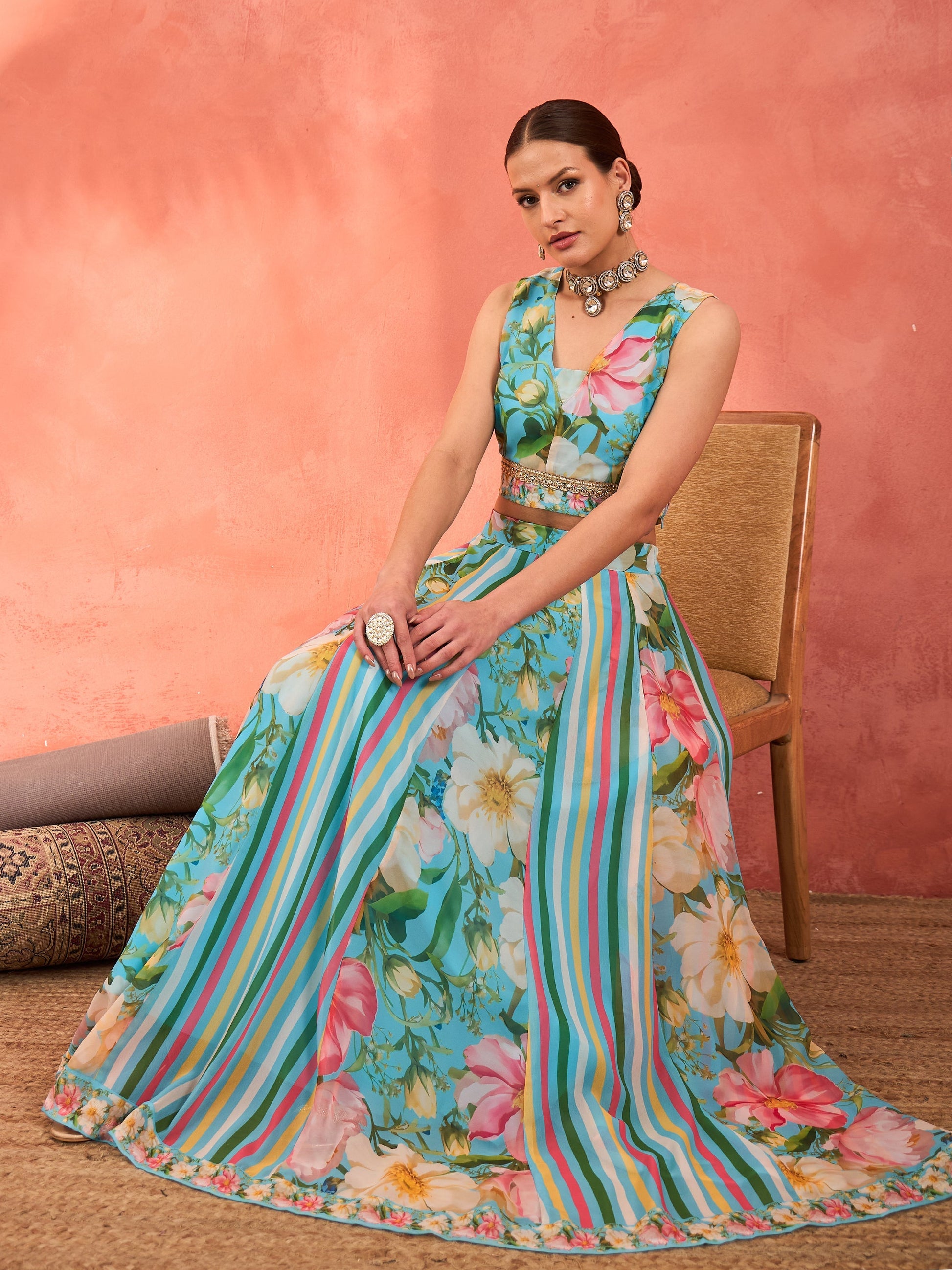 Aqua Blue Floral Sleeveless Crop Top With Anarkali Skirt -Shae by SASSAFRAS