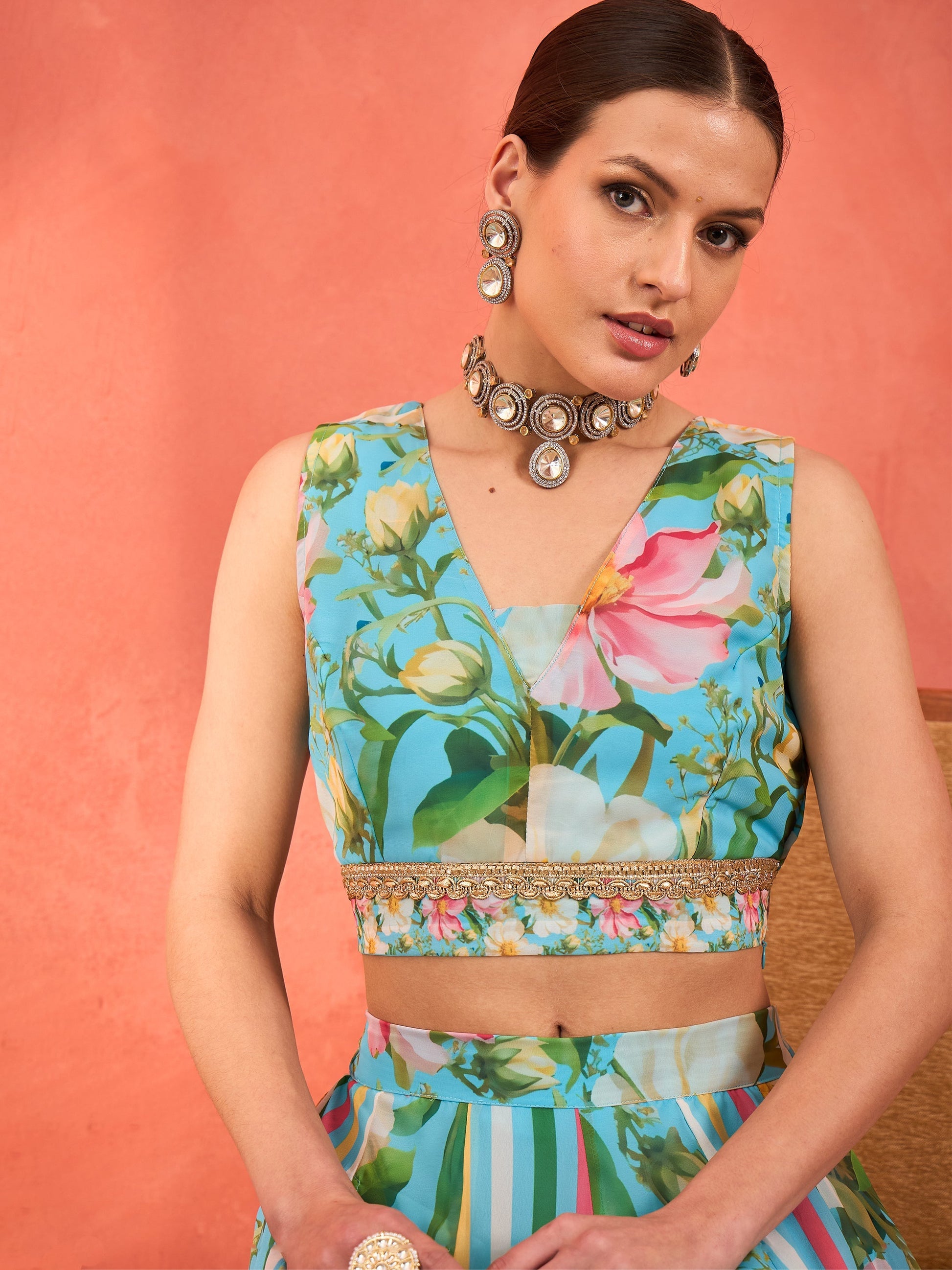 Aqua Blue Floral Sleeveless Crop Top With Anarkali Skirt -Shae by SASSAFRAS