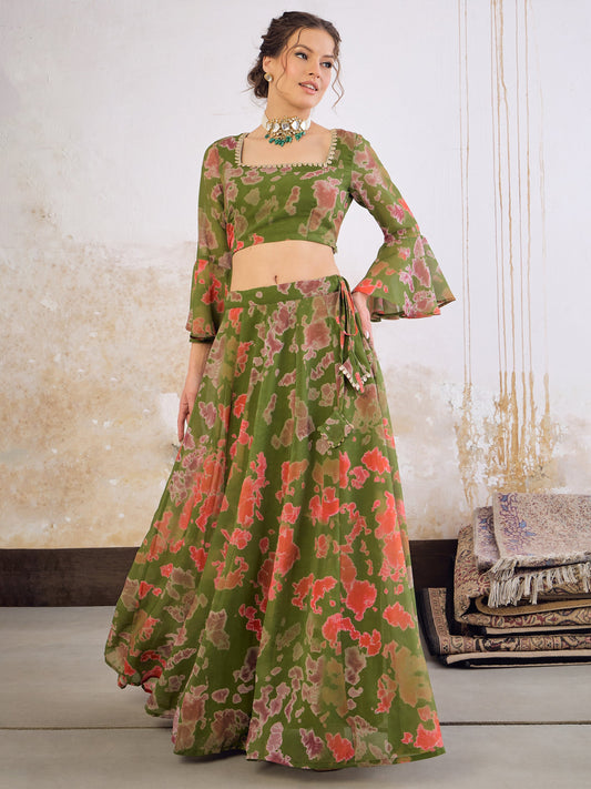 Green  Tie & dye Crop Top With Anarkali Skirt-Shae by SASSAFRAS