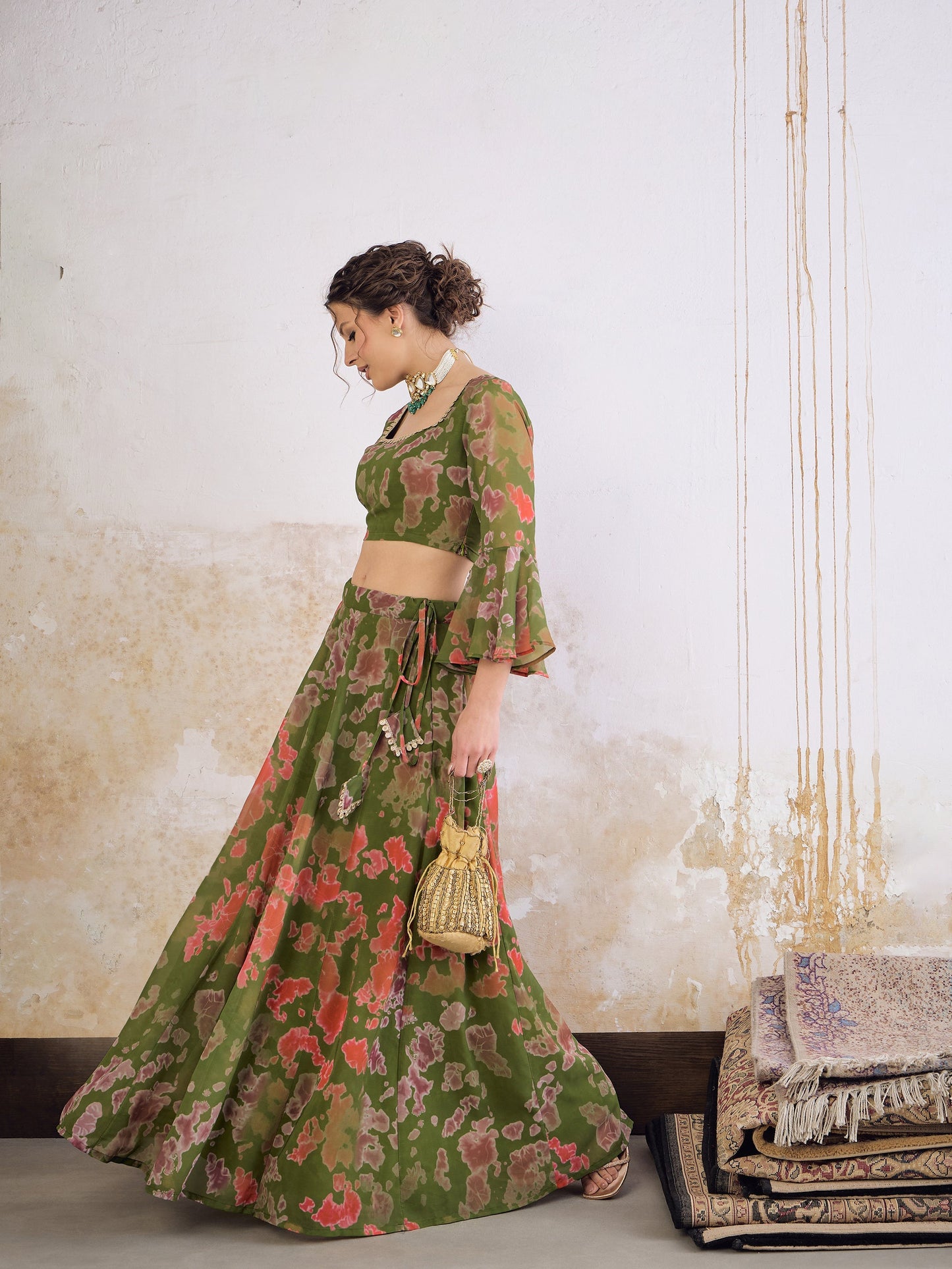 Green  Tie & dye Crop Top With Anarkali Skirt-Shae by SASSAFRAS
