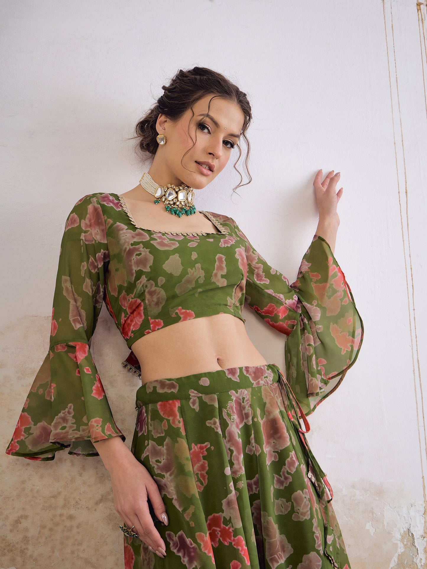 Green  Tie & dye Crop Top With Anarkali Skirt-Shae by SASSAFRAS