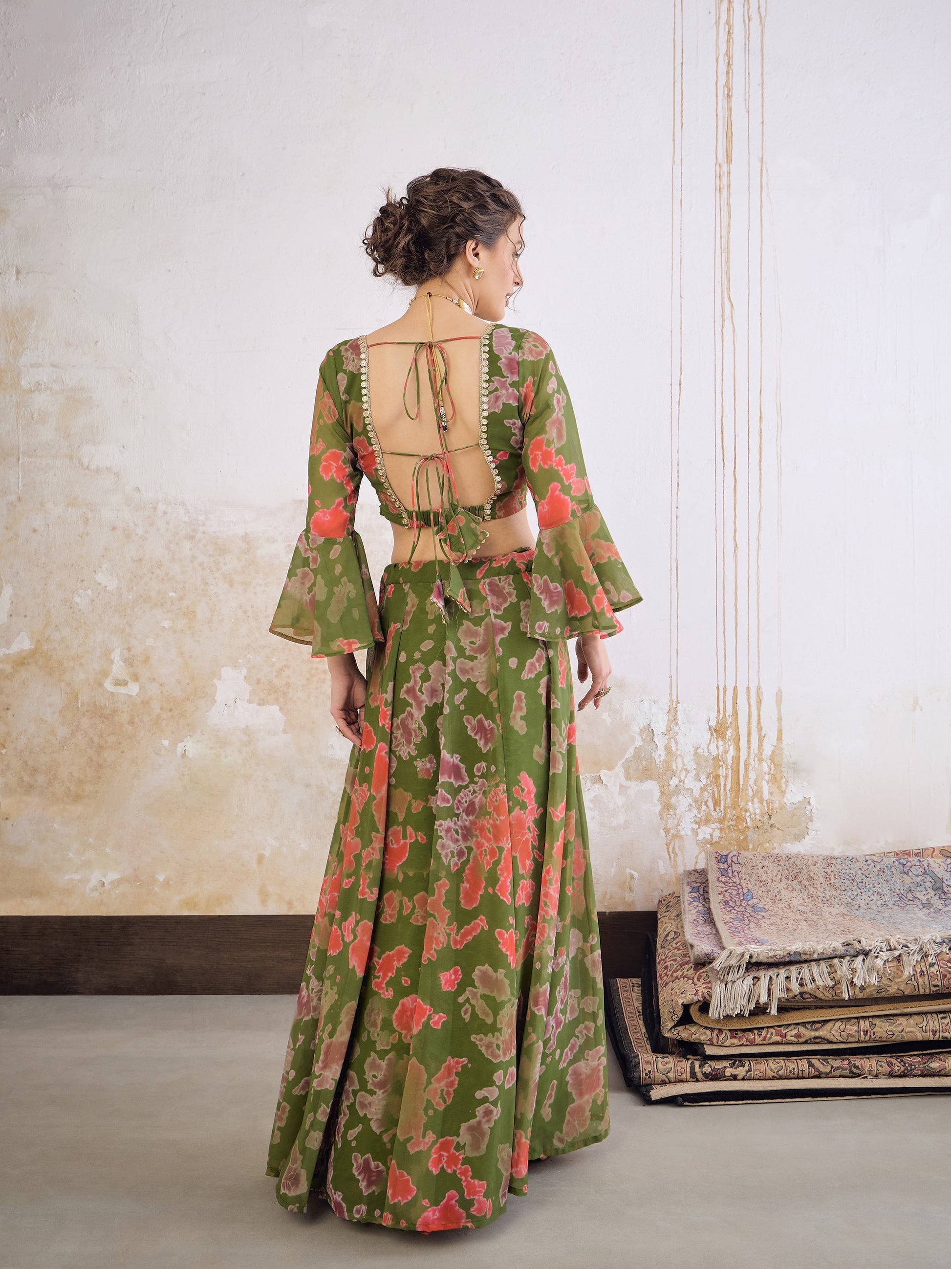 Green  Tie & dye Crop Top With Anarkali Skirt-Shae by SASSAFRAS