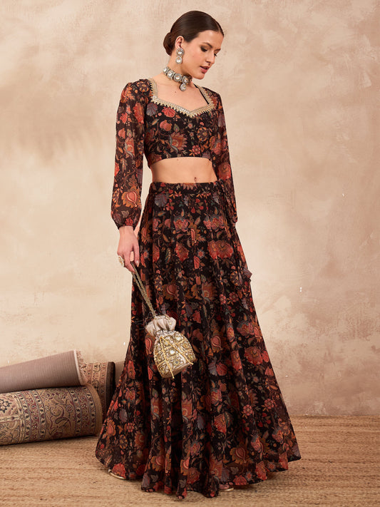 Women Black Floral Sweetheart Neck Crop Top With Anarkali Skirt