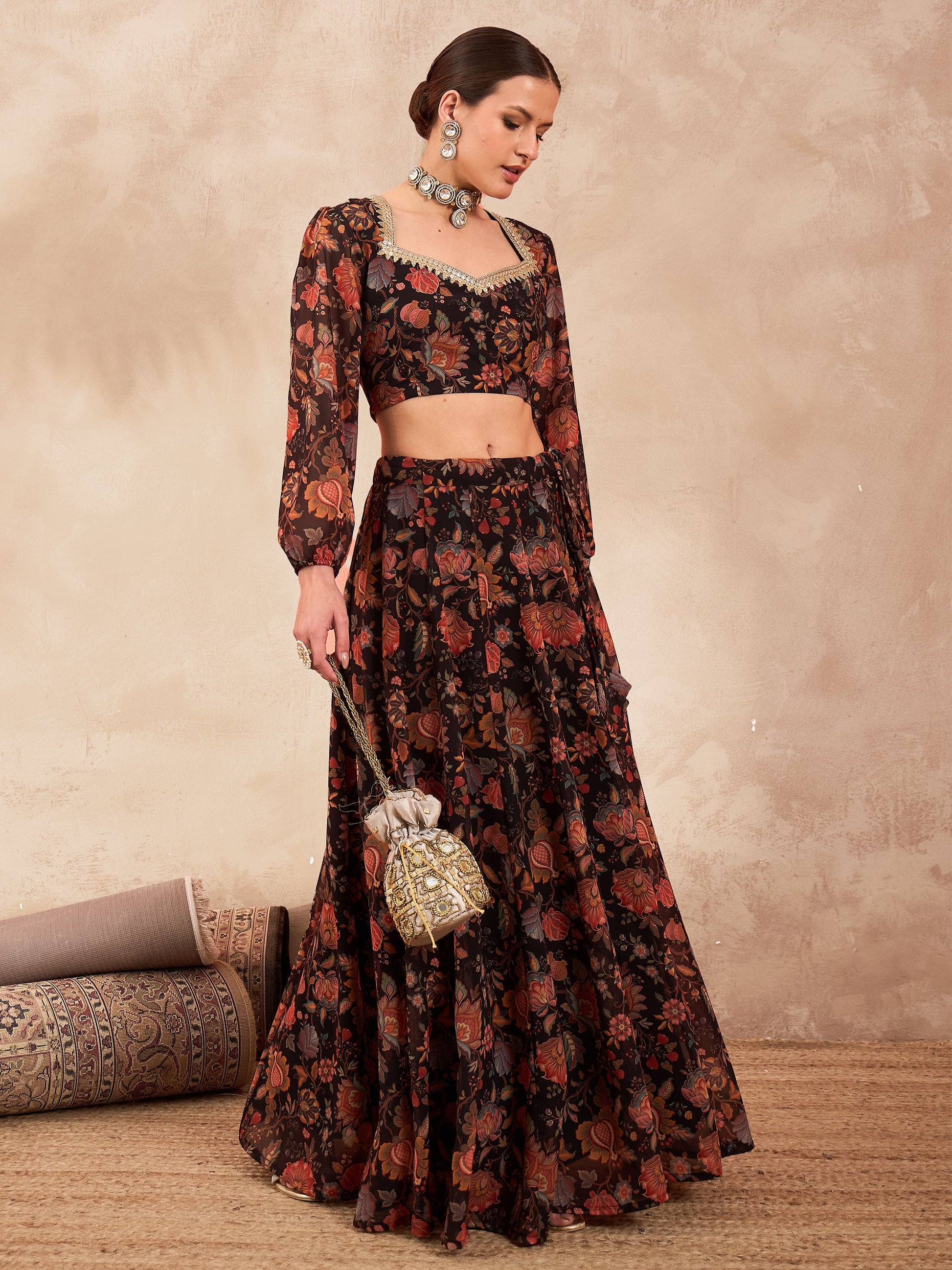 Black Floral Sweetheart Neck Crop Top With Anarkali Skirt-Shae by SASSAFRAS