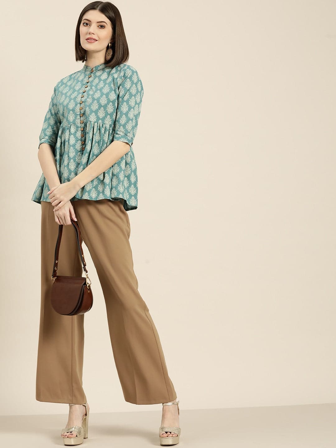 Teal Printed Front Button Gathered Top-Tops-SASSAFRAS