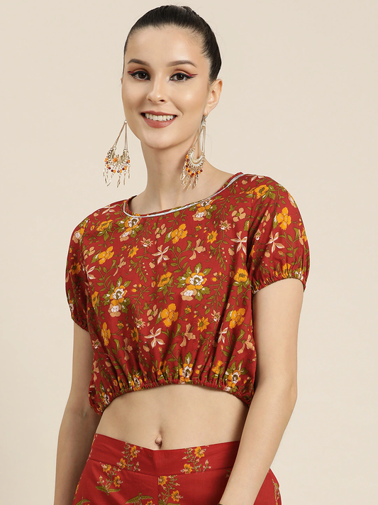Women Rust All Over Floral Crop Top-Tops-SASSAFRAS