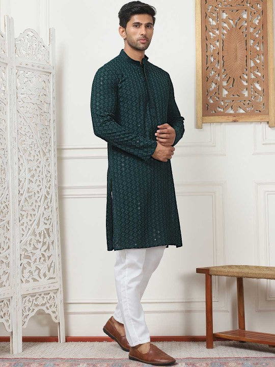 Olive Green Ethnic Motifs Embroidered Sequinned Kurta with Pyjamas