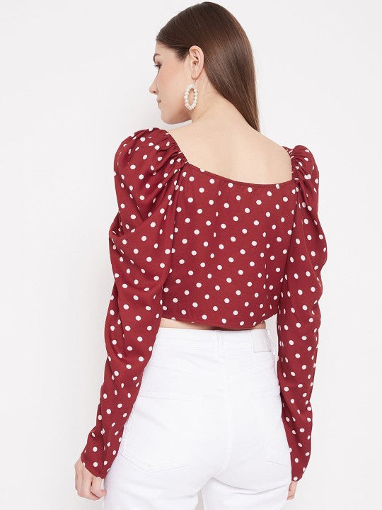 Polka Dot Print Puff Sleeve Wrap Crop Top