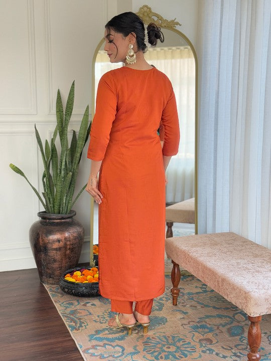 Zari Floral Embroidered V‑Neck Straight Kurta with Trousers & Dupatta