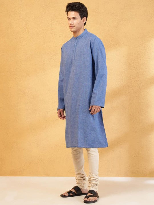 Thread Work Band Collar Cotton Straight Kurta