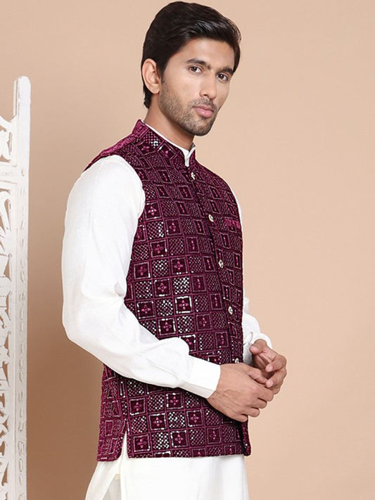 Sequin‑Embroidered Velvet Nehru Jacket