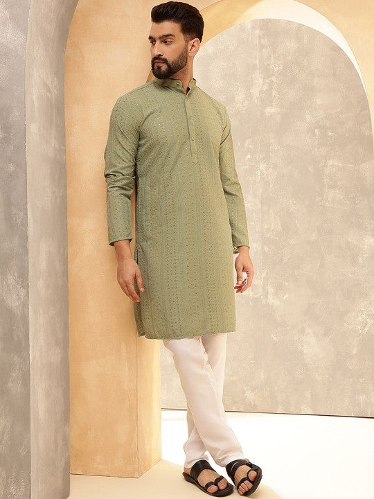 Green Geometric Embroidered Sequinned Band‑Collar Straight Kurta