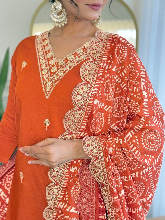 Zari Floral Embroidered V‑Neck Straight Kurta with Trousers & Dupatta
