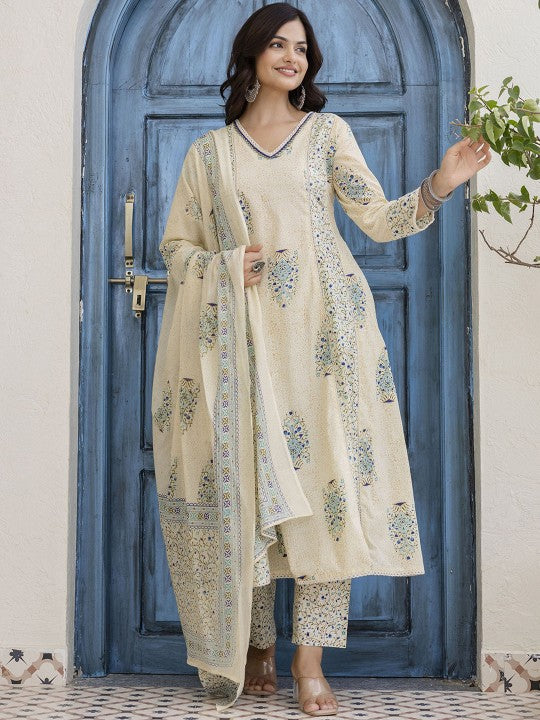 Floral Printed Pure Cotton A‑Line Kurta with Trousers & Dupatta