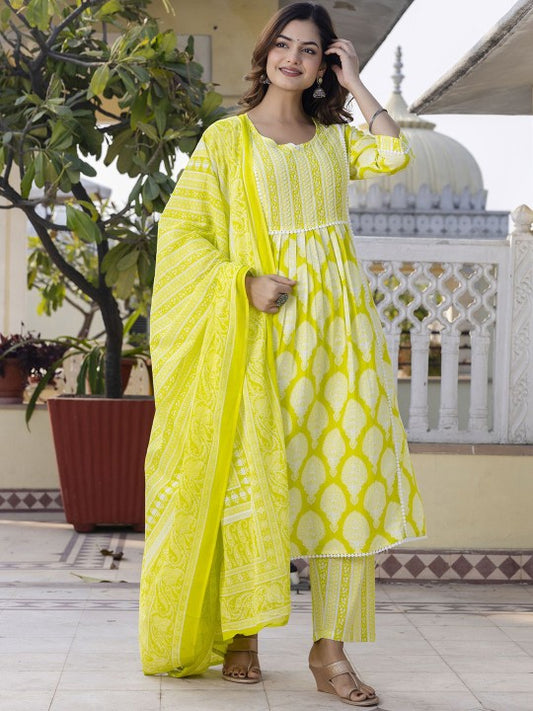 Floral Printed Beads & Stones Pleated Pure Cotton Kurta with Trousers & Dupatta
