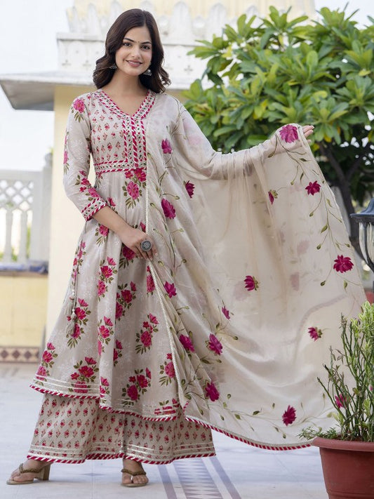 Cream-Coloured Floral Printed Pure Cotton Anarkali Kurta with Palazzos & Dupatta