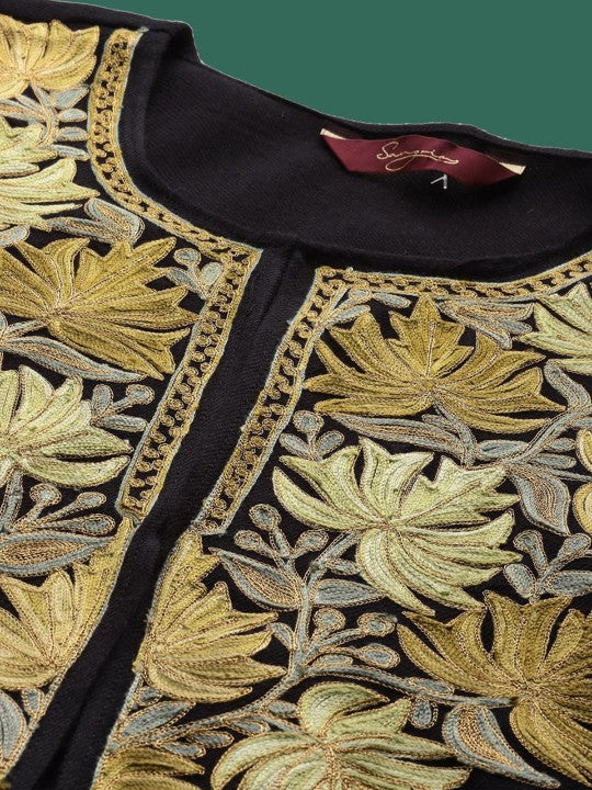 Black Floral Embroidered Jacquard Weave Acrylic Kaftan Kurta