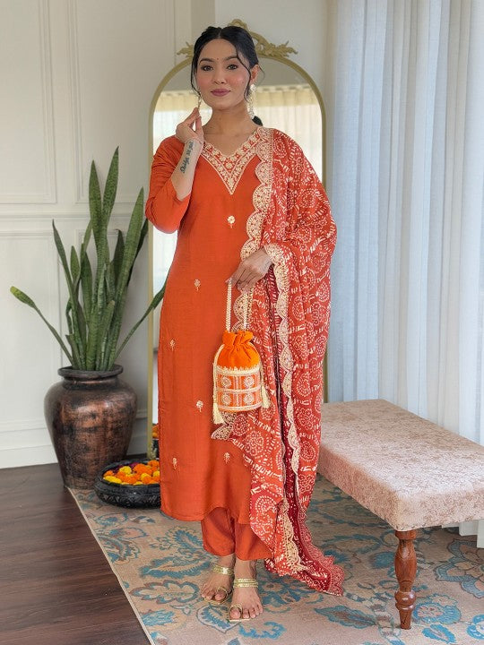 Zari Floral Embroidered V‑Neck Straight Kurta with Trousers & Dupatta