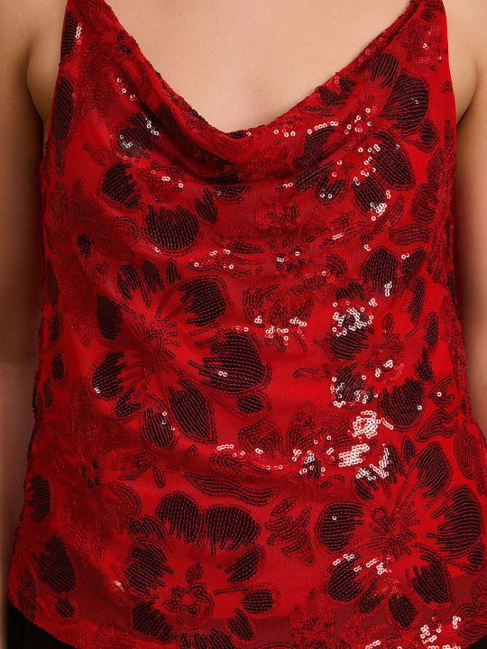 Women Sequin Embellished Cowl Neck Top