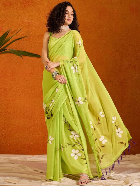Rustic Floral Poly Chiffon Saree