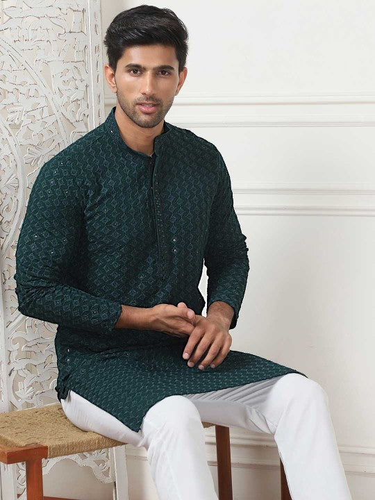 Olive Green Ethnic Motifs Embroidered Sequinned Kurta with Pyjamas