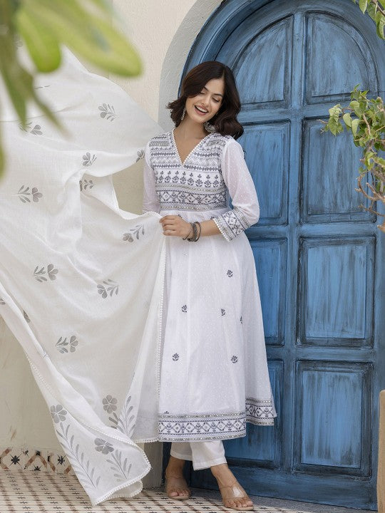Women Floral Embroidered Cotton Kurta with Trousers & Dupatta
