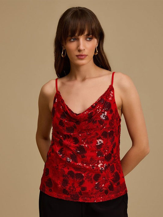 Women Sequin Embellished Cowl Neck Top