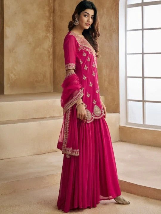 Floral Embroidered Notch Neck Sequinned Georgette Kurta with Sharara & Dupatta