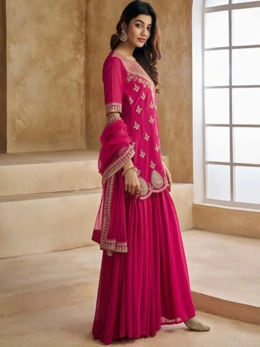 Floral Embroidered Notch Neck Sequinned Georgette Kurta with Sharara & Dupatta