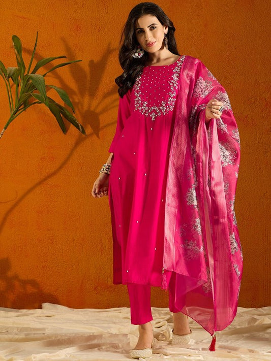 Ethnic Motifs Embroidered Beads & Stones Chanderi Silk Straight Kurta Set