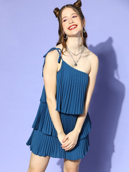 Women Stunning Blue Solid Feminine Frills Dress