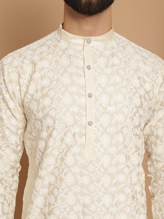 Men Cream‑Coloured Ethnic Motifs Thread‑Work Straight Kurta
