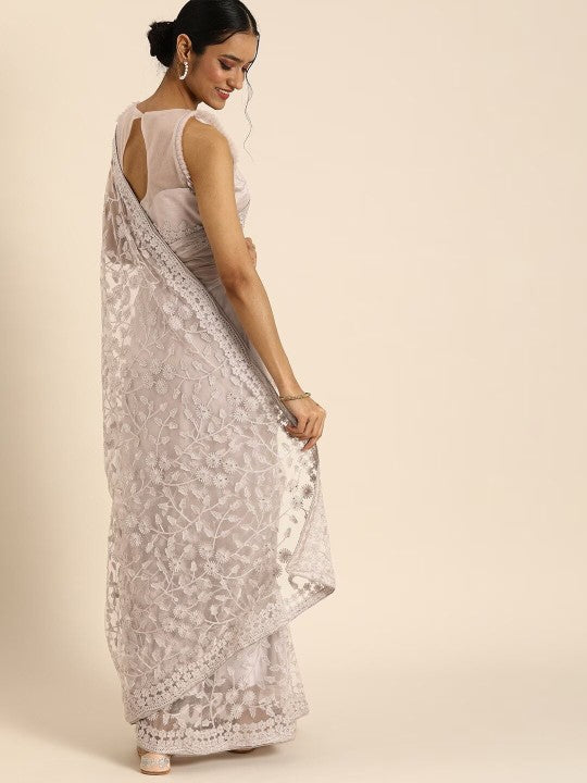 Floral Embroidered Beads and Stones Embellished Net Saree