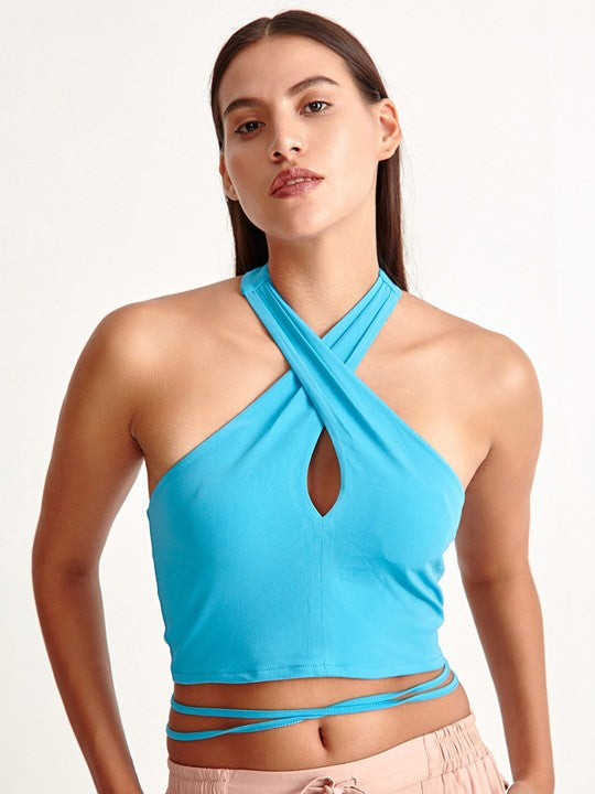 COVER STORY Blue Halter Neck Crop Top