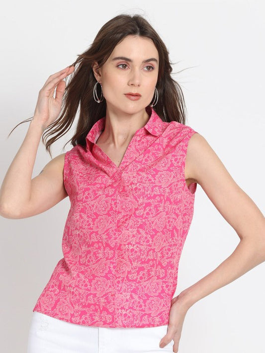 Floral Printed Shirt Collar Crepe Top
